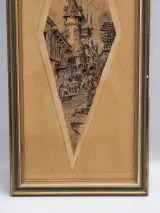 Gesigneerd historisch stadsgezicht met middeleeuwse toren - pentekening op hout, 1934 – foto 9 – kavel bij De Kringwinkel, Gent