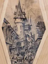 Gesigneerd historisch stadsgezicht met middeleeuwse toren - pentekening op hout, 1934 – foto 10 – kavel bij De Kringwinkel, Gent