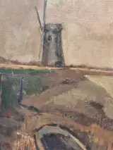 Olieverfschilderij van een rivierlandschap met windmolen en roeiboot - L. Van Goes – foto 8 – kavel bij De Kringwinkel, Gent