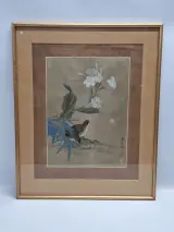 Aziatisch vogel- en bloemenschilderij - Kwartels tussen bloesems en bamboe – kavel bij De Kringwinkel, Gent
