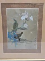 Aziatisch vogel- en bloemenschilderij - Kwartels tussen bloesems en bamboe – foto 2 – kavel bij De Kringwinkel, Gent
