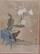 Aziatisch vogel- en bloemenschilderij - Kwartels tussen bloesems en bamboe – foto 3 – kavel bij De Kringwinkel, Gent