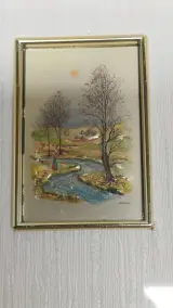 Set van 6 ingelijste kleine kunstwerkjes op zilver- en goudplaat – foto 4 – kavel bij De Kringwinkel, Zottegem