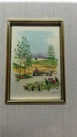 Set van 6 ingelijste kleine kunstwerkjes op zilver- en goudplaat – foto 6 – kavel bij De Kringwinkel, Zottegem