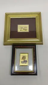 Set van 6 ingelijste kleine kunstwerkjes op zilver- en goudplaat – foto 8 – kavel bij De Kringwinkel, Zottegem