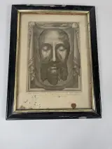 Antiek religieus devotieprentje – Heilig Aangezicht van Christus – met pauselijk/canoniek certificaat, 1886 – kavel bij De Kringwinkel, Sint-Niklaas