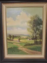 Schilderij H. Verlinden met landschap en boerderijen in houten lijst – foto 4 – kavel bij De Kringwinkel, Ronse