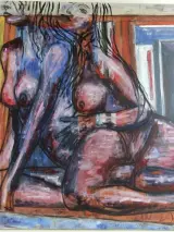 Erotisch portret van twee knielende dames acryl op canvas gesigneerd HUB – foto 2 – kavel bij De Kringwinkel, Antwerpen