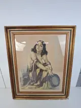 Groot Vintage Schilderij – "Zigeunerin met Tamboerijn" in de stijl van Yves Diey – Goudkleurige Kader (66x85 cm) – kavel bij De Kringwinkel, Waardamme