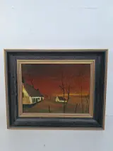 Vintage Olieverfschilderij – Vlaams Hoevandschap bij Avondrood – kavel bij De Kringwinkel, Waardamme