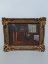 Vintage Olieverfschilderij op Doek – Krantenlezende Man in Nostalgisch Interieur – Goudkleurige Baroklijst – kavel bij De Kringwinkel, Waardamme