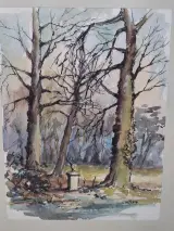 Aquarelschilderij van een bosrijk landschap, door Laurence Ghislain – foto 2 – kavel bij De Kringwinkel, Waardamme