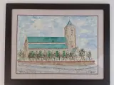 Aquarel van de kerk van Lapscheure (Damme) – kavel bij De Kringwinkel, Waardamme