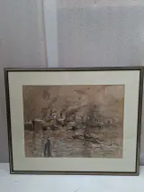 Authentieke Maritieme Tekening "Bedrijvigheid in de Haven" – Gesigneerd & Gekaderd! – kavel bij De Kringwinkel, Waardamme