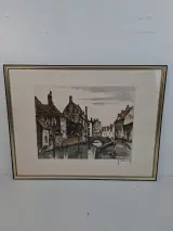 Handgesigneerde Kleurenets "Brugse Reien met Bonifaciusbrug" – J. Hubbeling – Genummerde Oplage – kavel bij De Kringwinkel, Waardamme