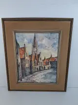 Grote Antieke Aquarel "Brugs Straatzicht met Onze-Lieve-Vrouwekerk" – Gesigneerd R. Houf (Enkel Afhalen) – kavel bij De Kringwinkel, Waardamme