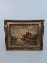 Antiek Olieverfschilderij op Houten Plank – Hollands Riviergezicht – Gemonogrammeerd M.K – kavel bij De Kringwinkel, Waardamme