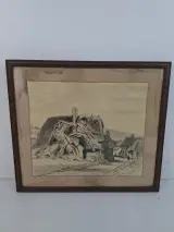 Antieke Litho / Tekening – Nostalgisch Dorpsgezicht met Rietgedekte Cottages – Handgesigneerd – kavel bij De Kringwinkel, Waardamme