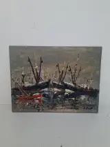 Sfeervol Maritiem Schilderij: Boten in de Haven – Olieverf op Paneel (Gesigneerd H. Houf) – kavel bij De Kringwinkel, Waardamme
