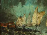 Rik Canty (°1939) – Zeilboten in de haven – olieverf op doek – foto 5 – kavel bij De Kringwinkel, Antwerpen