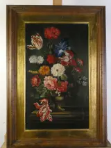 Olieverfschilderij Klassiek Bloemstilleven met Tulpen en Rozen in Vaas – foto 2 – kavel bij De Kringwinkel, Heverlee