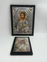 Set van Twee Byzantijnse Iconen – Griekse Zilveren Riza (950) op Houten Paneel – kavel bij De Kringwinkel, Gent