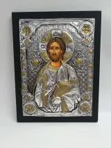 Set van Twee Byzantijnse Iconen – Griekse Zilveren Riza (950) op Houten Paneel – foto 2 – kavel bij De Kringwinkel, Gent