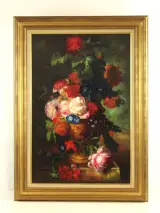 Kleurrijk handgeschilderd bloemstilleven - olie op doek - 90 x 60 cm – kavel bij De Kringwinkel, Antwerpen