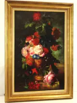 Kleurrijk handgeschilderd bloemstilleven - olie op doek - 90 x 60 cm – foto 8 – kavel bij De Kringwinkel, Antwerpen