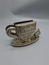 Vintage Verzilverde Brievenhouder / Servettenhouder – Decoratief Teekopje "Tea for Two" – kavel bij De Kringwinkel, Waardamme