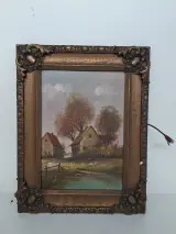 Sfeervol Olieverfschilderij "Dorpsgezicht aan het water" – Gustave Pynaert (1900-1968) – kavel bij De Kringwinkel, Waardamme