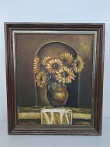 Vintage Olieverfschilderij "Zonnebloemen in Vaas" – Gesigneerd en Inclusief Klassieke Houten Lijst – kavel bij De Kringwinkel, Waardamme