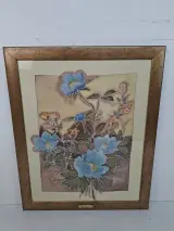 Batik Zijdeschilderij "Blauwe Bloemen" – Handgemaakt met Goudkleurige Lijst – kavel bij De Kringwinkel, Waardamme