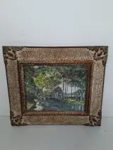 Vintage Schilderij – Bosrijk Riviergezicht met Historisch Huis in Monumentale Barokstijl Lijst – kavel bij De Kringwinkel, Waardamme