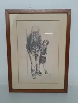 Ingelijste Potlood- of Houtskooltekening – Emotioneel Portret van Man en Kind – kavel bij De Kringwinkel, Waardamme