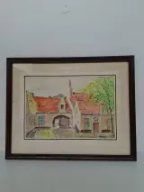 Ingelijste Aquarel door Van Geker – Historisch Begijnhof / Dorpsgezicht – kavel bij De Kringwinkel, Waardamme