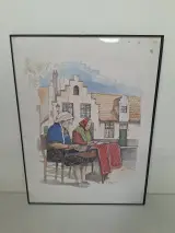 Sfeervolle Ingelijste Aquarel met Potlood door L. Boy – Kantklossende Vrouwen voor Trapgevelwoningen – kavel bij De Kringwinkel, Waardamme