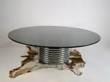 Ronde glazen tafel met chromen metalen voet – kavel bij De Kringwinkel, Turnhout