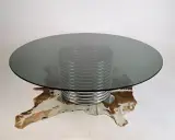 Ronde glazen tafel met chromen metalen voet – foto 3 – kavel bij De Kringwinkel, Turnhout
