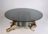 Ronde glazen tafel met chromen metalen voet – foto 4 – kavel bij De Kringwinkel, Turnhout