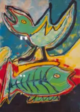 Zeefdruk, Maya Wildevuur, Vogel met vis, 1994, 114/200 – kavel bij Onlineveilingmeester, Groningen
