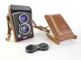 Vintage Yashicaflex tweelens camera met leren hoes – kavel bij De Kringwinkel, Heverlee