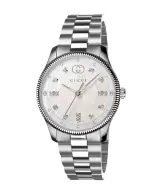 Gucci G-Timeless parelmoer dameshorloge met diamanten accenten – kavel bij Onlineveilingmeester
