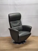 Relaxfauteuil in antracietgrijs leder met glanzende metalen schotelvoet - Hukla Duitsland – kavel bij De Kringwinkel, Gent