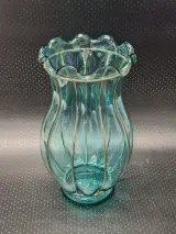 Vintage turquoise glazen vaas in Murano-stijl met metalen frame – kavel bij De Kringwinkel, Gent