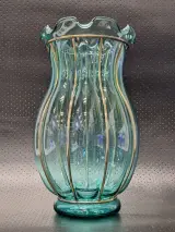Vintage turquoise glazen vaas in Murano-stijl met metalen frame – foto 5 – kavel bij De Kringwinkel, Gent