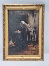 Antiek olieverfschilderij op doek - "oude vrouw bij de haard" - gesigneerd F. Serras – kavel bij De Kringwinkel, Gent