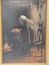 Antiek olieverfschilderij op doek - "oude vrouw bij de haard" - gesigneerd F. Serras – foto 2 – kavel bij De Kringwinkel, Gent