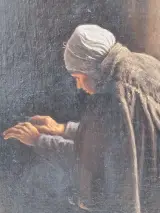 Antiek olieverfschilderij op doek - "oude vrouw bij de haard" - gesigneerd F. Serras – foto 4 – kavel bij De Kringwinkel, Gent