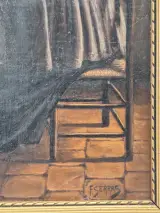 Antiek olieverfschilderij op doek - "oude vrouw bij de haard" - gesigneerd F. Serras – foto 5 – kavel bij De Kringwinkel, Gent